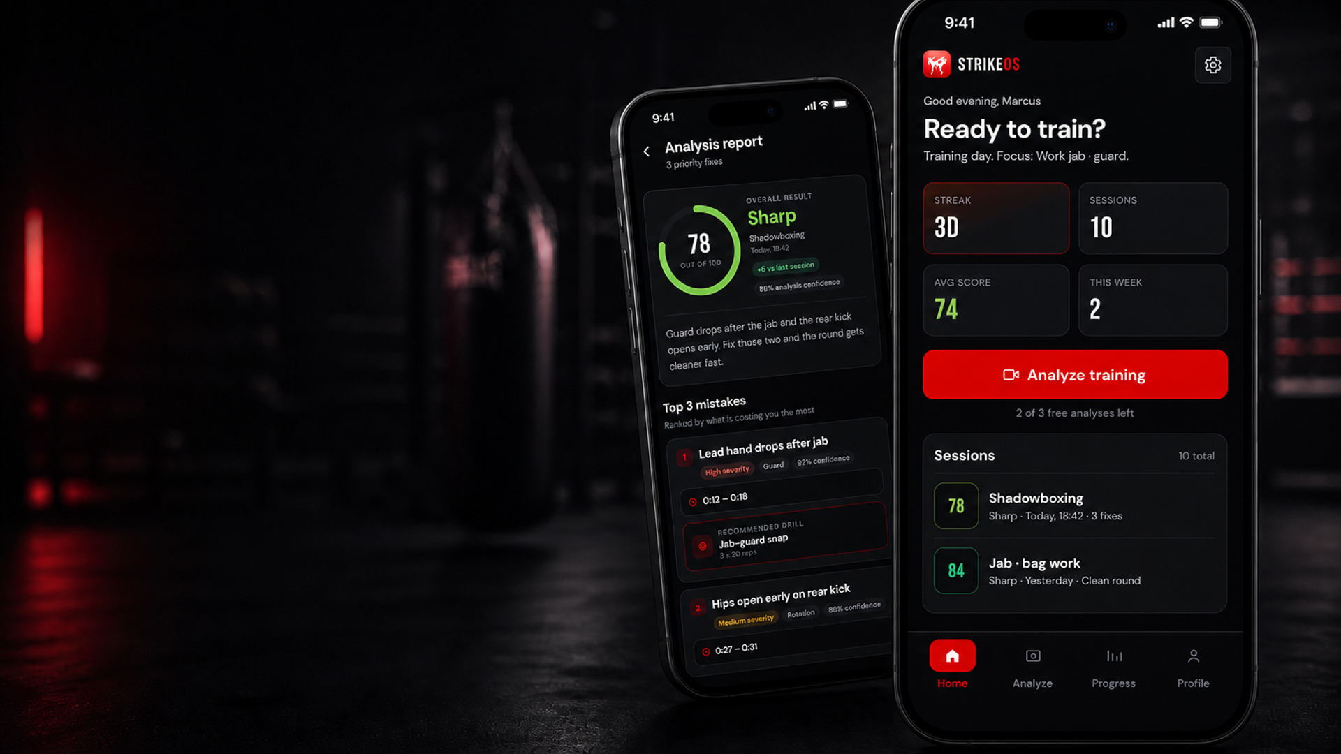 StrikeOS on iPhone — home screen and analysis report