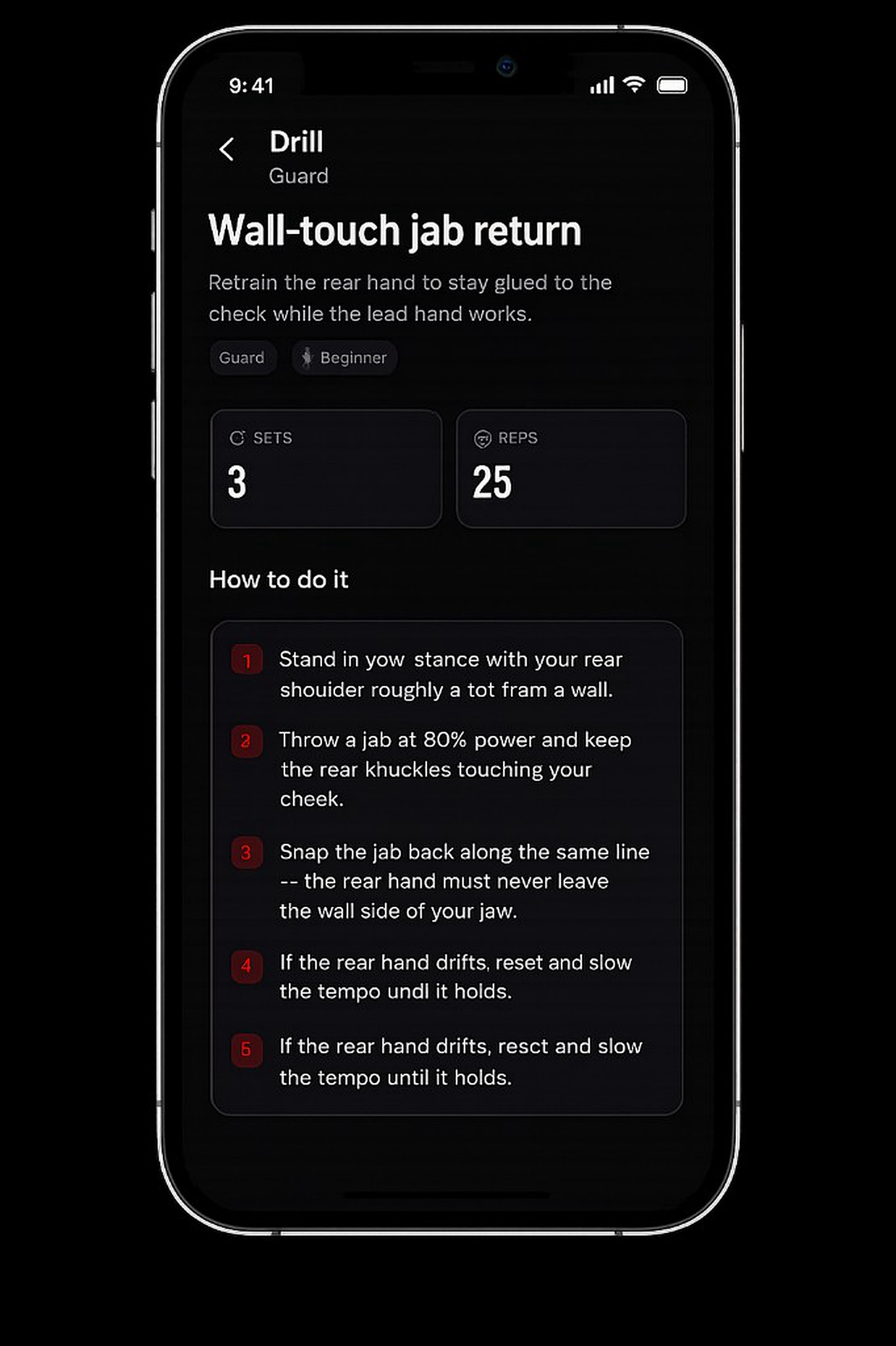 StrikeOS drill screen for Wall-touch jab return with sets, reps, and how-to steps